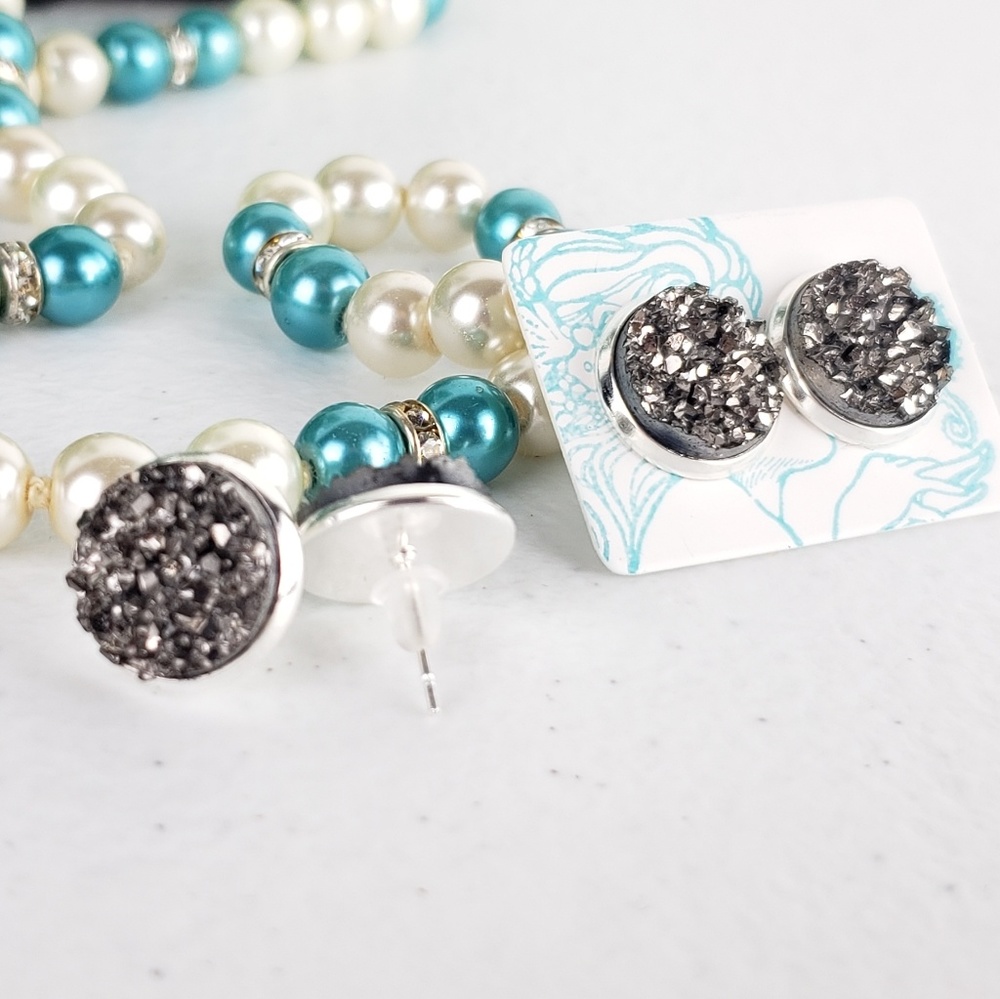 6/$20 Steel Sparkle Acrylic Druzy Stud Earrings